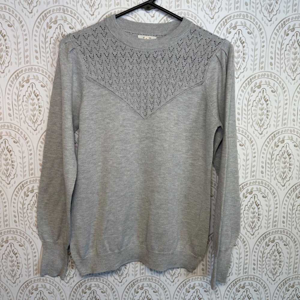 Maurices Gray Pointelle Chevron Knit Crewneck‎ Sweater Puff Shoulder Small